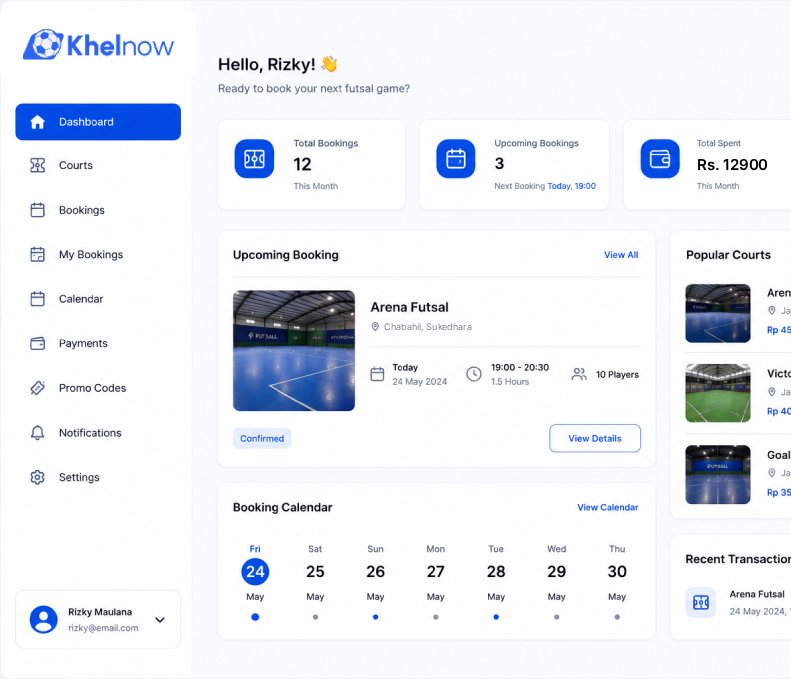 Player booking a futsal court on KhelNow app